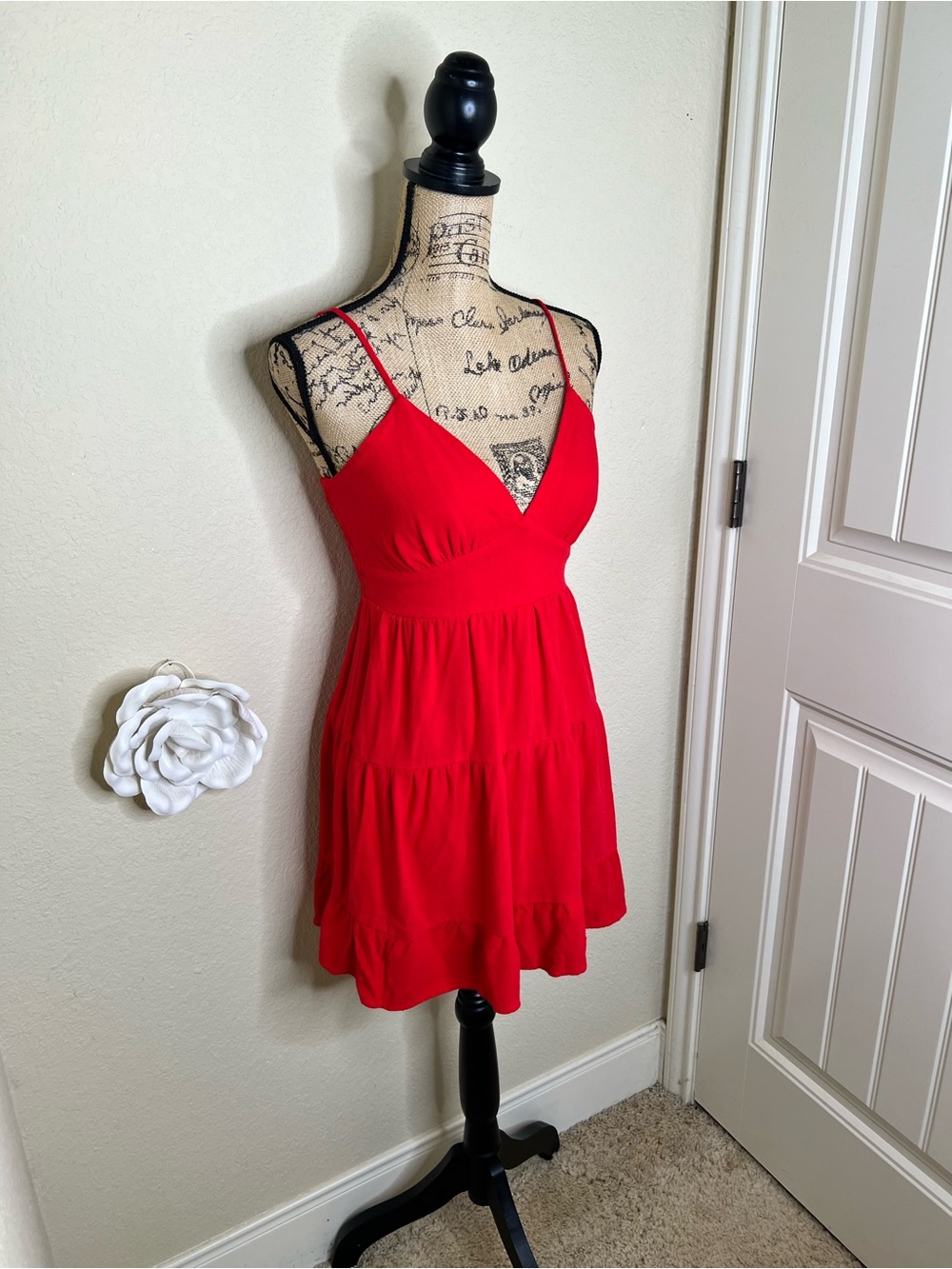NTM: Morceau Los Angeles Red Linen Blend Tiered Mini Dress Smocked Back M - Picture 16 of 16